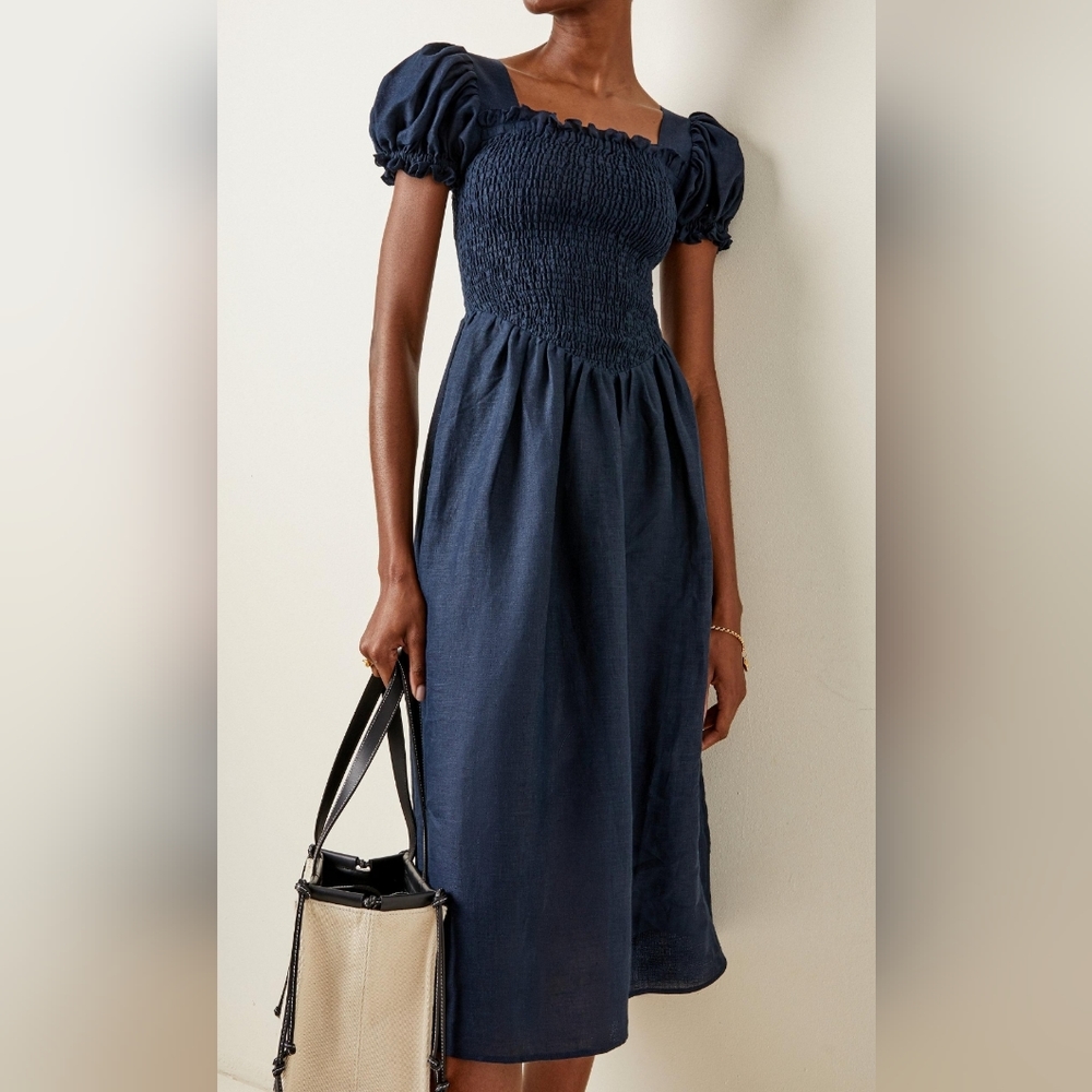 Sleeper Belle 100% linen navy, puff sleeve, drop waist midi dress